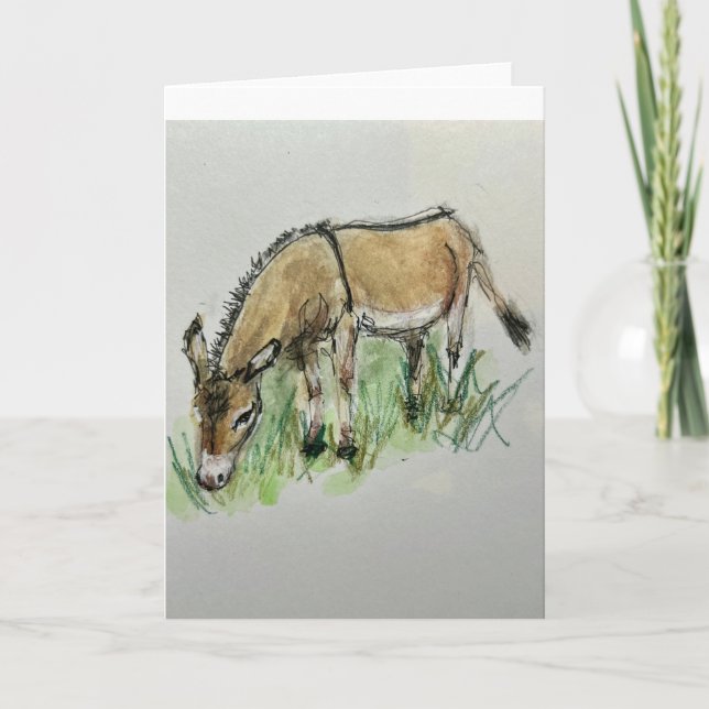 Watercolor of donkey on folded greeting card kort (Framsida)