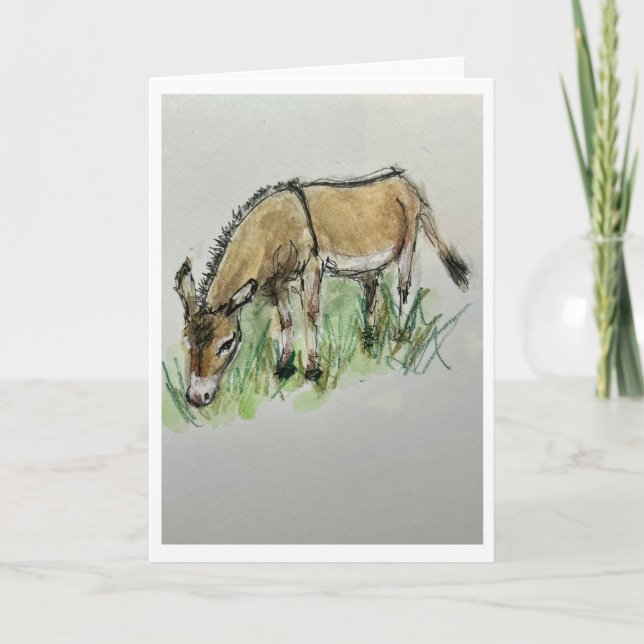 Watercolor of donkey on folded greeting card kort (Framsida)