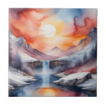 Watercolor of snow covered mountains under sunset kakelplatta<br><div class="desc">Watercolor of snow covered mountains under red sunset with a small water stream and waterfall</div>