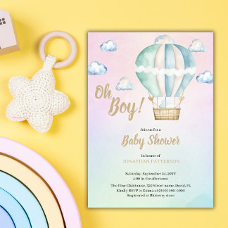 Watercolor Oh Boy Clouds Baby Shower Inbjudningar