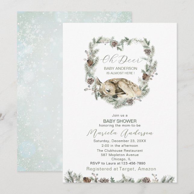 Watercolor Oh Hjort Baby Shower Inbjudningar (Fram/baksida)