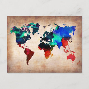 Watercolor old World map söt Vykort