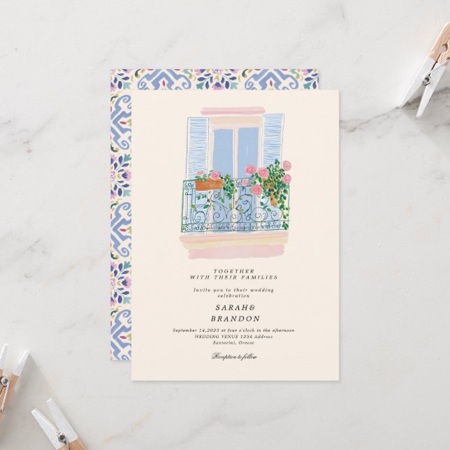Watercolor Olive Blue tile Greece Wedding  Inbjudningar (Fram/Back In Situ)
