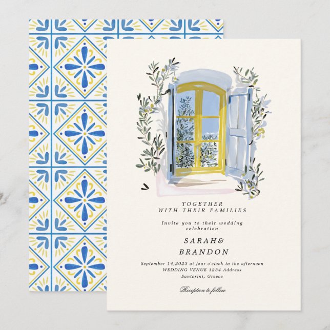 Watercolor Olive Blue tile Greece Wedding  Invitat Inbjudningar (Fram/baksida)