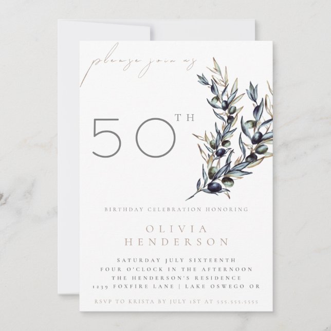 Watercolor Olive Branch Adult Birthday Invitation Inbjudningar (Framsida)