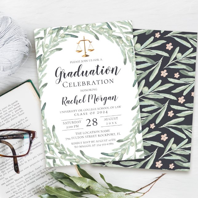 Watercolor Olive Gren Law School Studenten Inbjudningar (Skapare uppladdad)