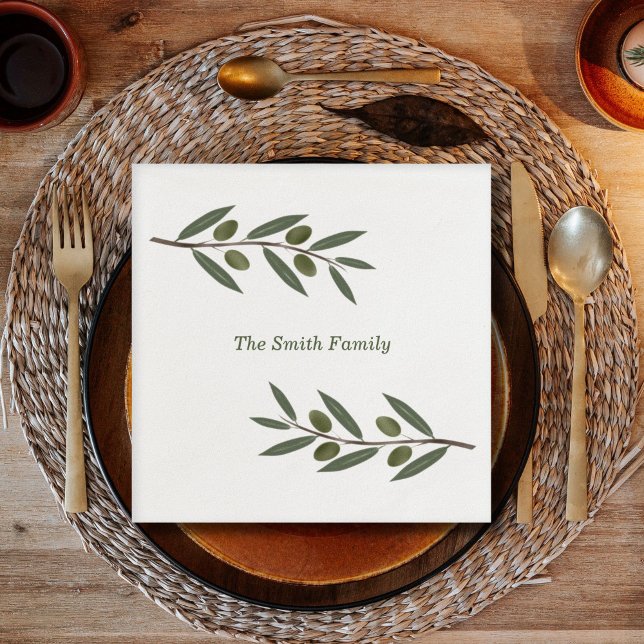 Watercolor Olive Gren Pappersservett (Watercolor Olive Branch Napkins)