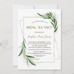 Watercolor Olive Löv Guld Möhippa Tea Party Inbjudningar