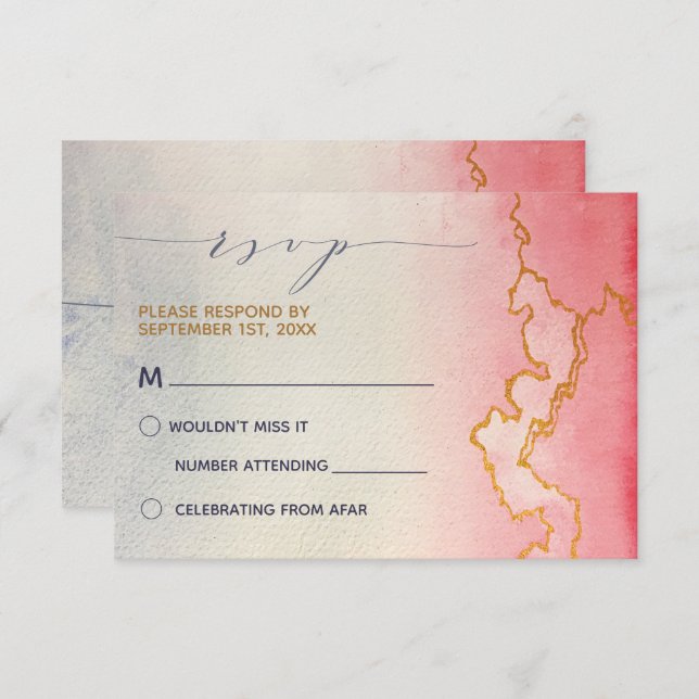 Watercolor Ombre Guld Marble | OSA Inbjudningar (Fram/baksida)