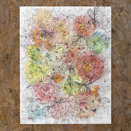 Watercolor Ombre och Bläck Blommigt Doodle Artwork Pussel