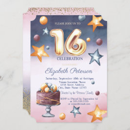 Watercolor Ombre Stars Cake Diamonds Sweet 16 Inbjudningar