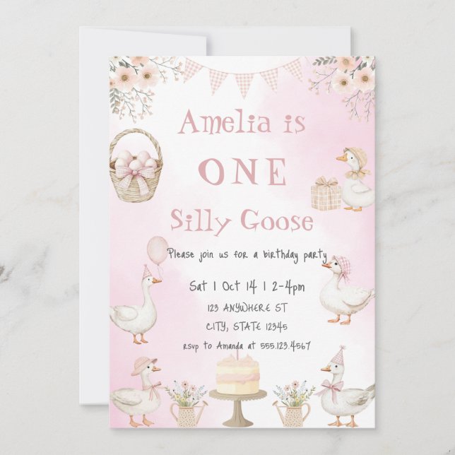 Watercolor One Silly Goose Pink Gingham Birthday Inbjudningar (Framsida)