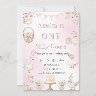 Watercolor One Silly Goose Pink Gingham Birthday Inbjudningar