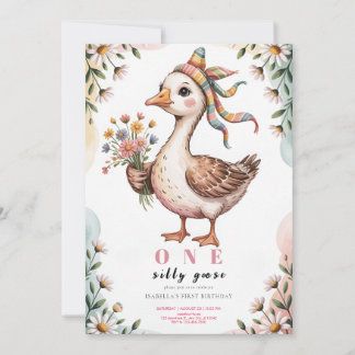 Watercolor One Silly Goose Wildflower 1st Birthday Inbjudningar
