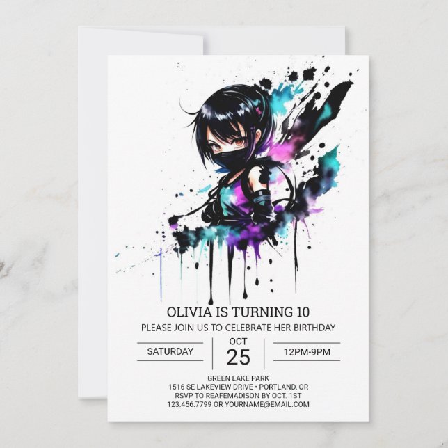 Watercolor Online Ninja Girl Birthday Inbjudningar (Framsida)