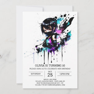 Watercolor Online Ninja Girl Birthday Inbjudningar