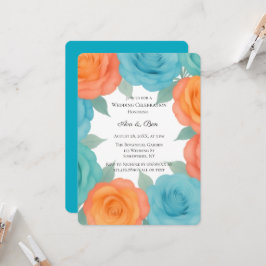Watercolor Orange and Teal Roses Wedding Inbjudningar