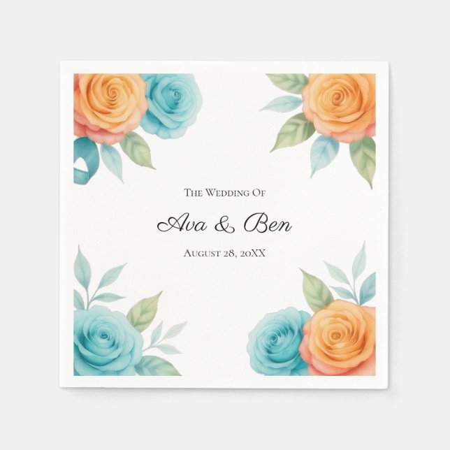 Watercolor Orange and Teal Roses Wedding Pappersservett (Framsidan)