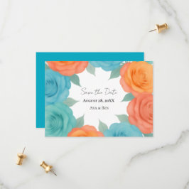 Watercolor Orange and Teal Roses Wedding Spara Datumet