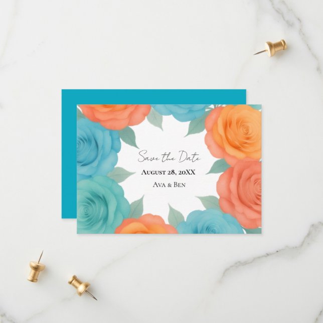 Watercolor Orange and Teal Roses Wedding Spara Datumet (Fram/Back In Situ)