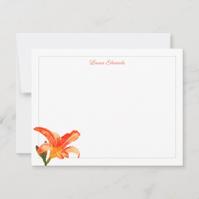 Watercolor Orange Lily Grönt Gräns Personlig Anteckningskort (Framsida)