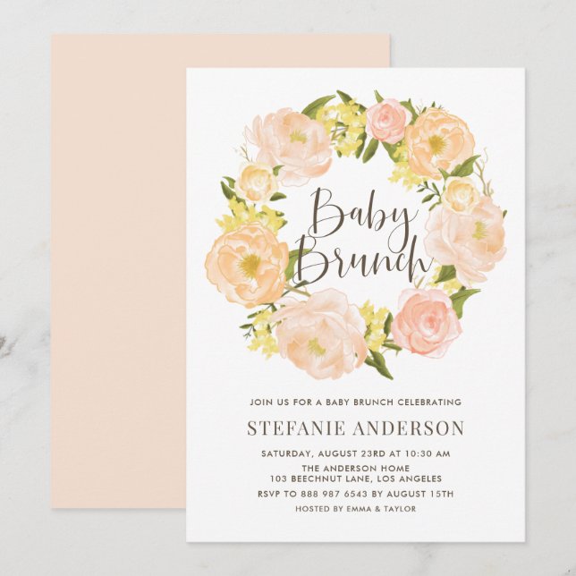 Watercolor Orange Peony WAN Baby Brunch Inbjudningar (Fram/baksida)
