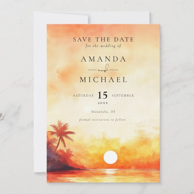 Watercolor Orange Sunset Handflatan Beach Wedding Spara Datumet (Framsida)