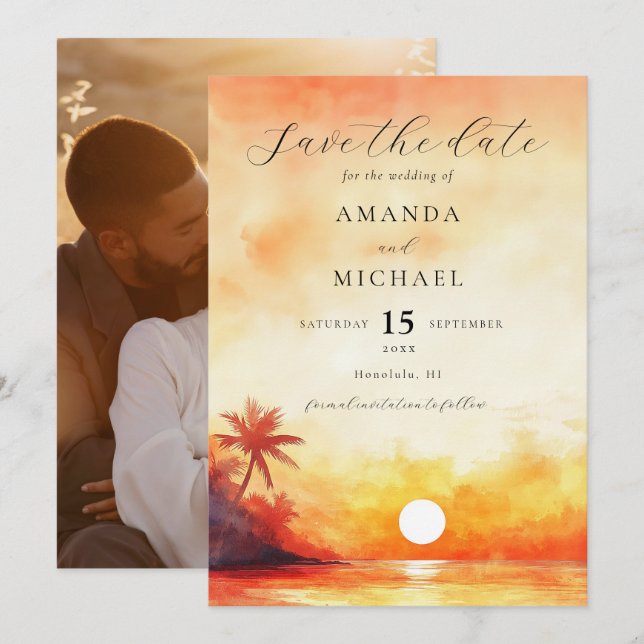 Watercolor Orange Sunset Handflatan Beach Wedding Spara Datumet (Fram/baksida)