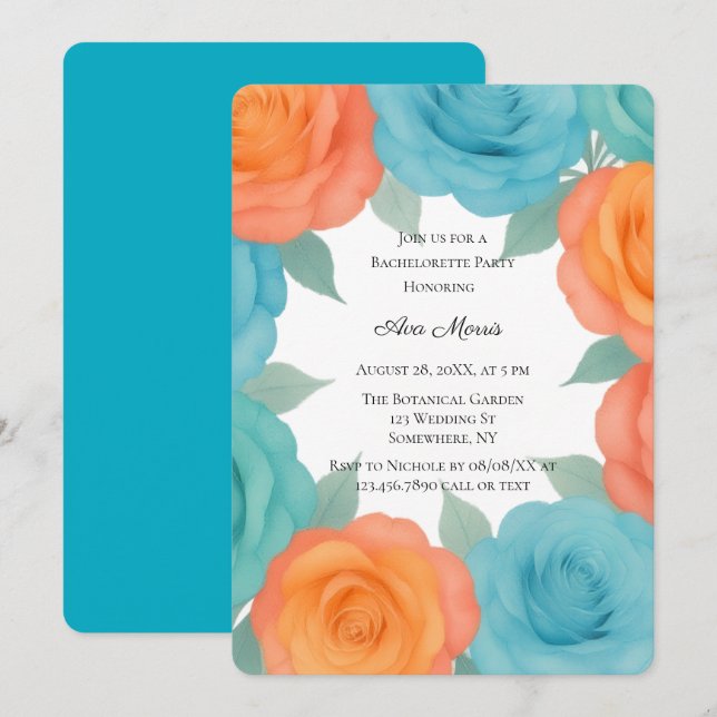Watercolor Orange & Teal Roses Bachelorette Party Inbjudningar (Fram/baksida)