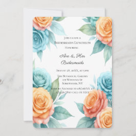 Watercolor Orange & Teal Roses Bridesmaids Lunch Inbjudningar