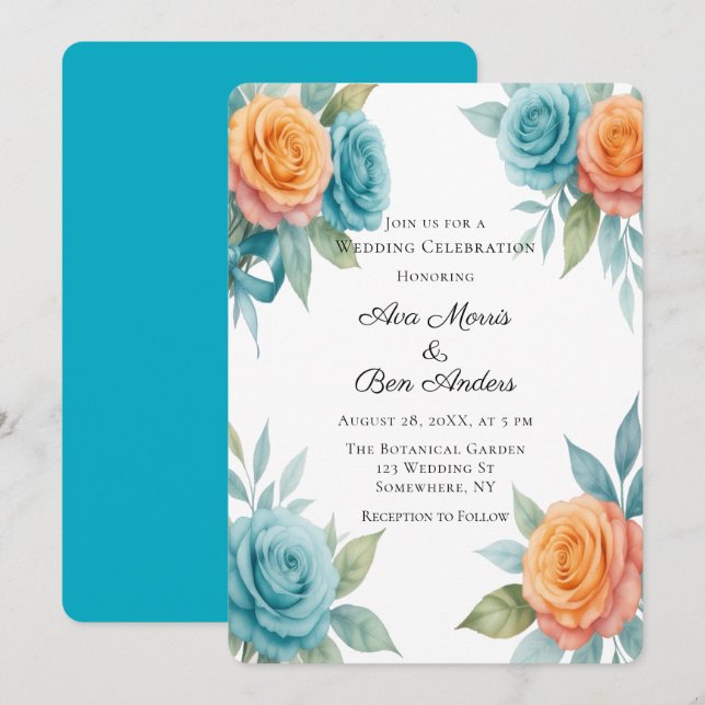 Watercolor Orange & Teal Roses Wedding Inbjudningar (Fram/baksida)