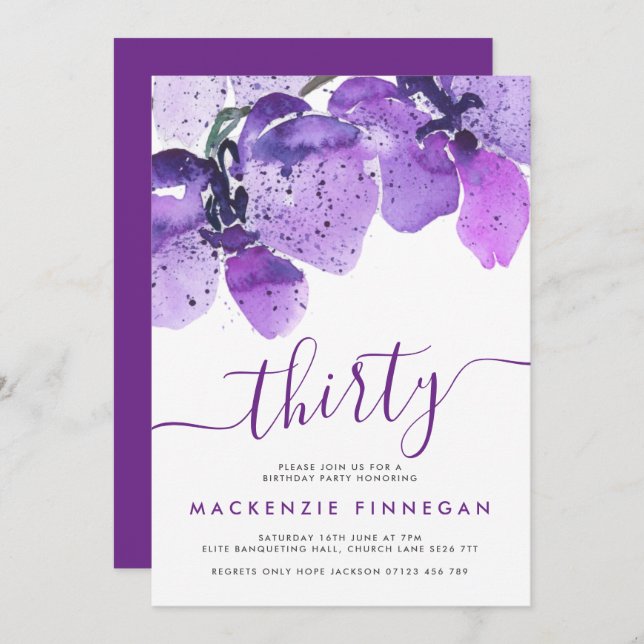 Watercolor Orchids Violet Tretionde Födelsedagsfes Inbjudningar (Fram/baksida)