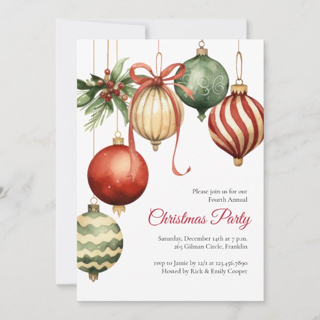 Watercolor Ornaments Holiday Christmas Party Inbjudningar (Framsida)