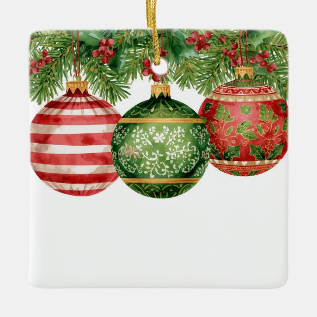 Watercolor Ornaments Pine Boughs Christmas Julgransprydnad Keramik (Framsida)
