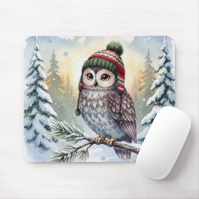 Watercolor Owl In Winter Hat Musmatta (Med mus)