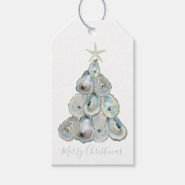 Watercolor Oyster Christmas Tree Presentetikett (Framsidan)