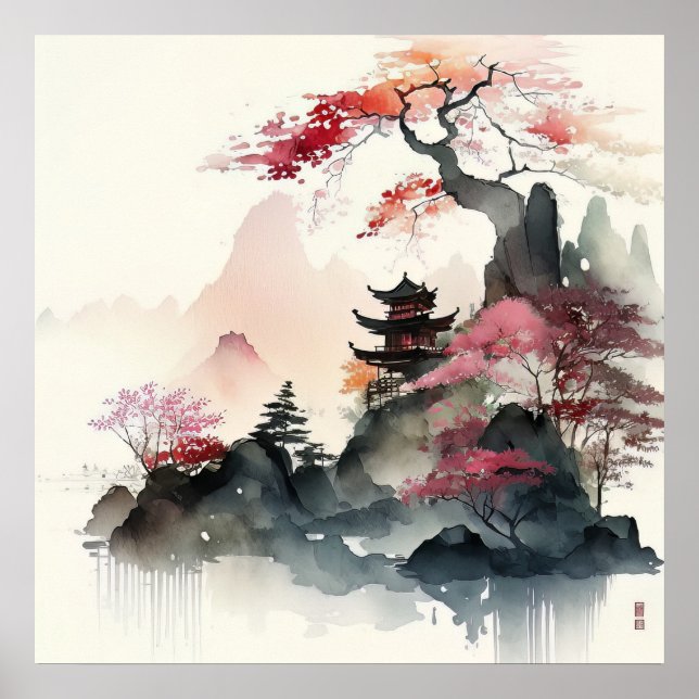 Watercolor Pagoda Art Poster (Framsidan)