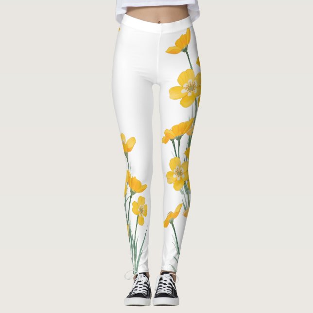 Watercolor Painted Buttercups Flower Leggings (Framsida)