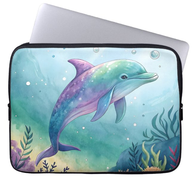 Watercolor painted dolphin laptop fodral (Framsidan)