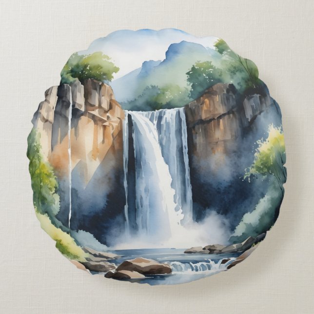 Watercolor painted waterfall rund kudde (Framsidan)