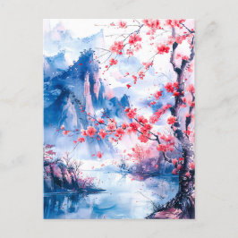 Watercolor painting chinese mountain sakura vykort