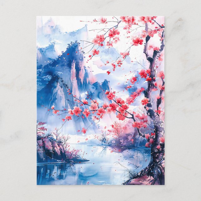 Watercolor painting chinese mountain sakura vykort (Framsida)