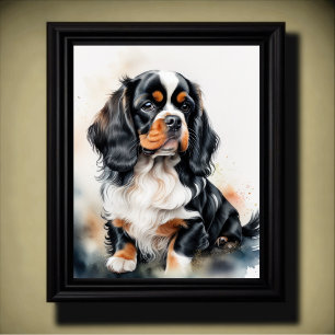 Watercolor Painting Kung Charles Cavalier Puppy Poster