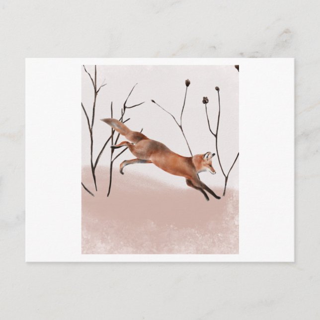 Watercolor painting of a winter fox jumping vykort (Framsida)