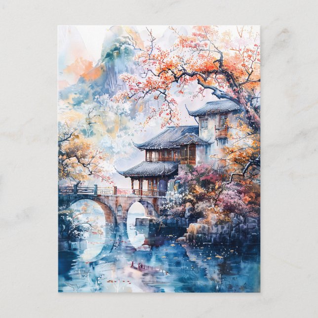 Watercolor painting of china temple and water vykort (Framsida)