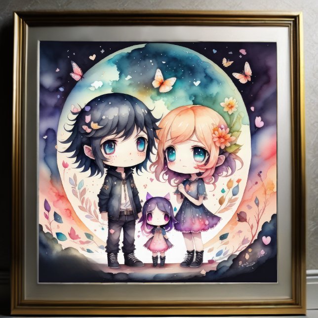 Watercolor Painting of Family Kawaii Chibi 1:1 Poster (Skapare uppladdad)