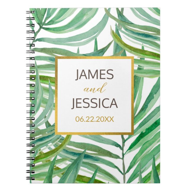 Watercolor Palm Leaves Personalized Wedding Anteckningsbok (Framsidan)