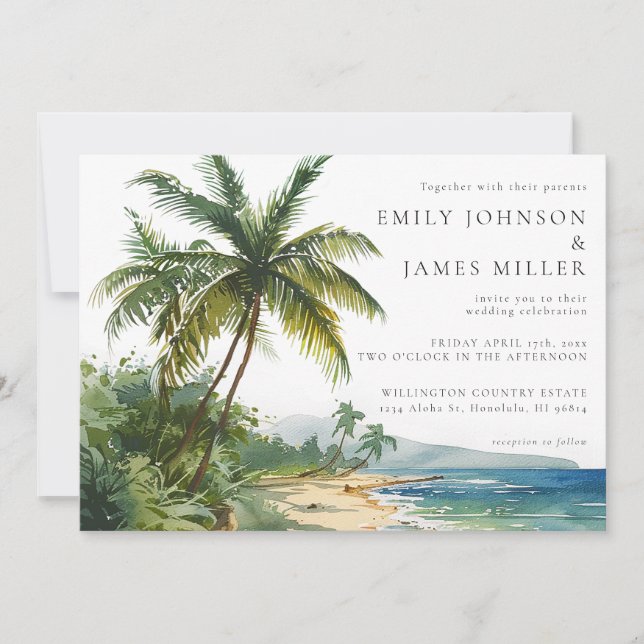 Watercolor Palm Trees Tropical Beach Wedding Inbjudningar (Framsida)