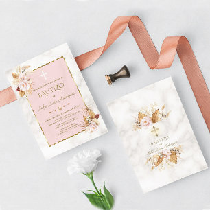 Watercolor Pampas Grass Rosa Flowers Guld Bautizo Inbjudningar