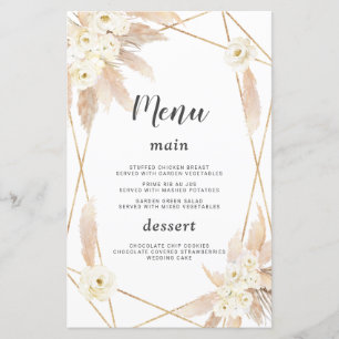 Watercolor Pampas Grass White Flowers Bröllop Menu